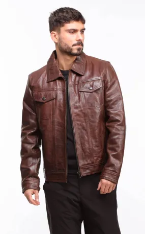 Men's wood leather jacket in \david\ jeans style