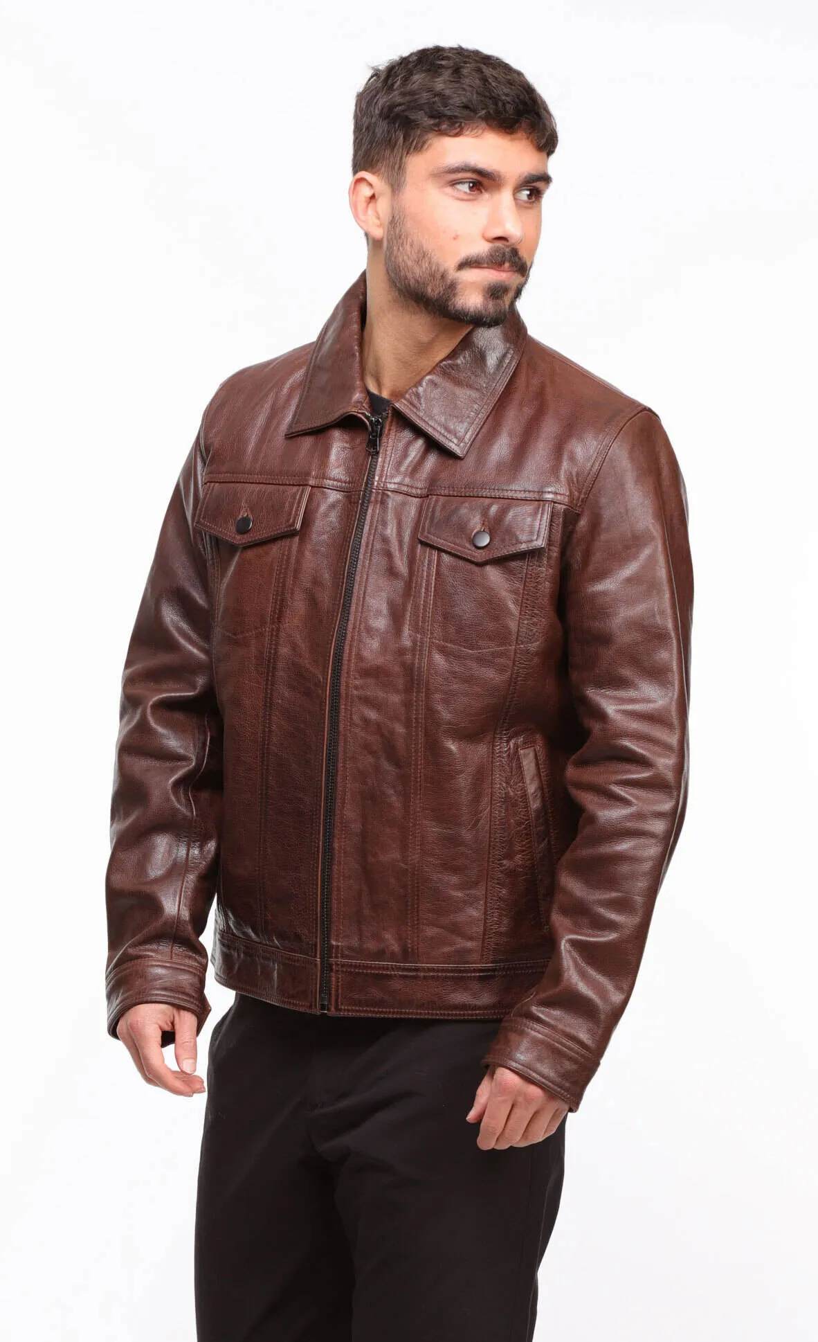 Men's wood leather jacket in \david\ jeans style