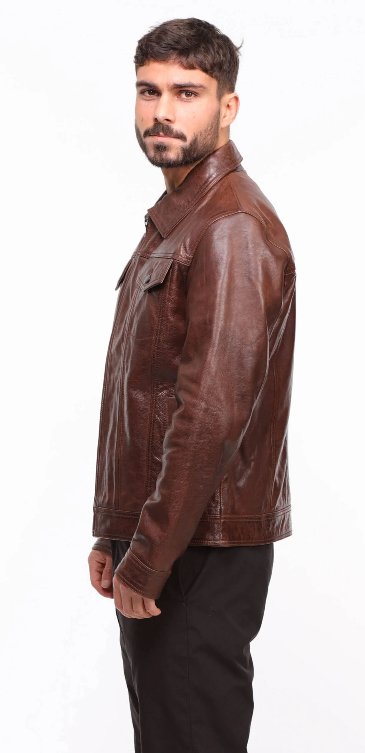 Men's wood leather jacket in \david\ jeans style