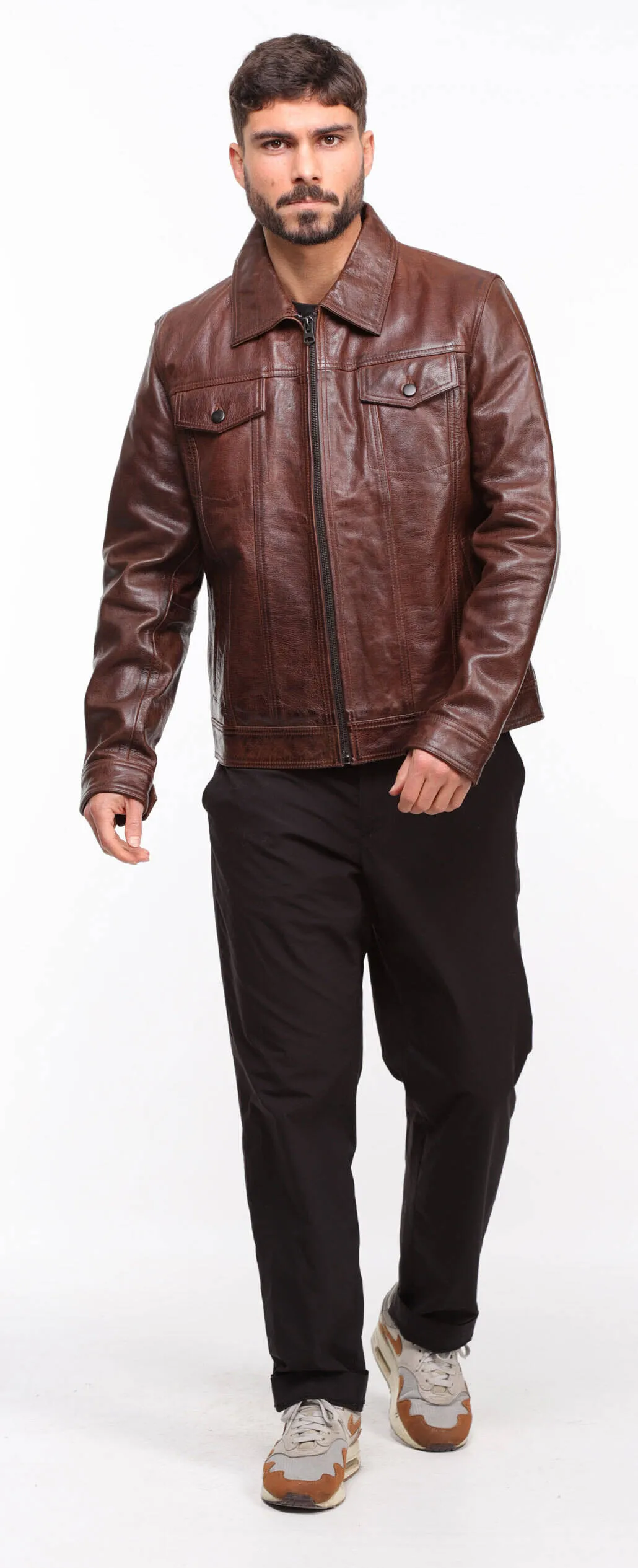 Men's wood leather jacket in \david\ jeans style