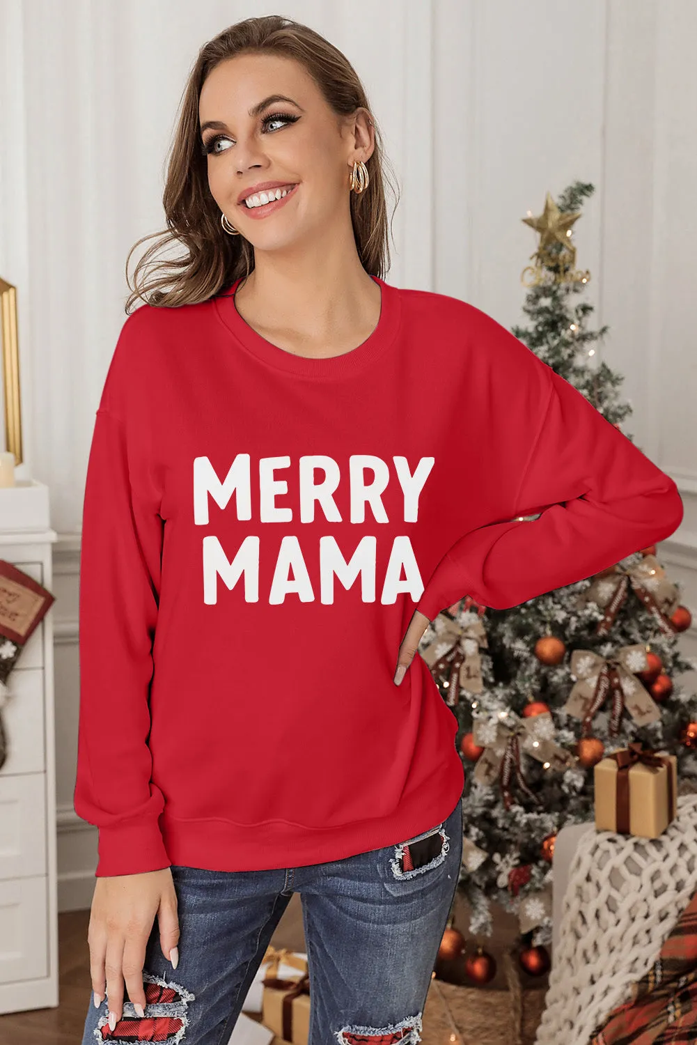 MERRY MAMA Graphic Round Neck Sweatshirt