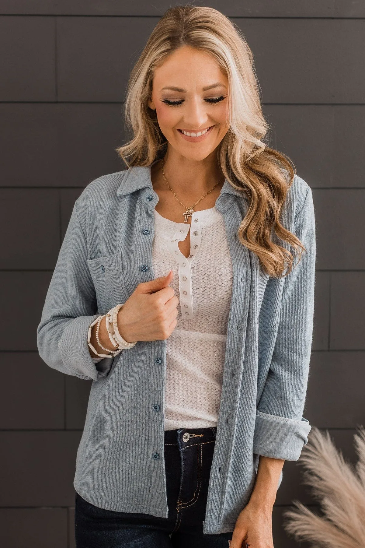 Never Letting Go Button Top- Dusty Blue