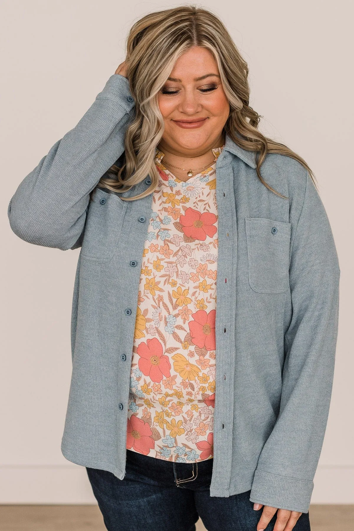 Never Letting Go Button Top- Dusty Blue