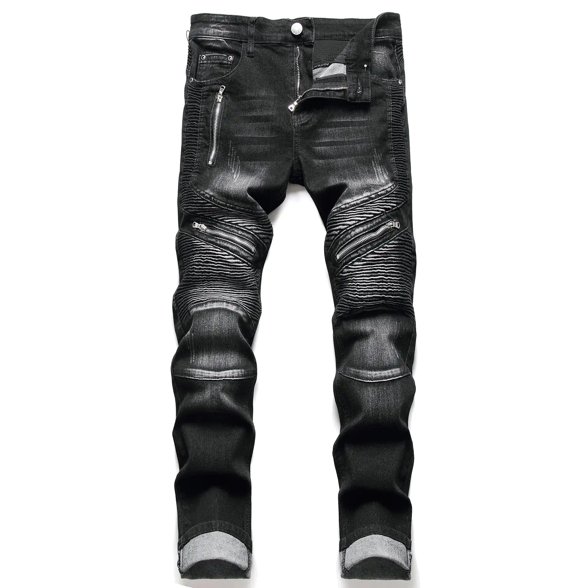 New Biker Jeans Men's Distressed Stretch Ripped  Hip Hop Slim Fit Holes Punk Denim Cotton Pants