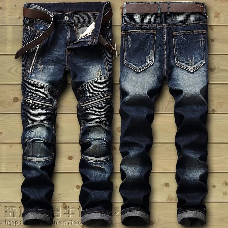 New Biker Jeans Men's Distressed Stretch Ripped  Hip Hop Slim Fit Holes Punk Denim Cotton Pants