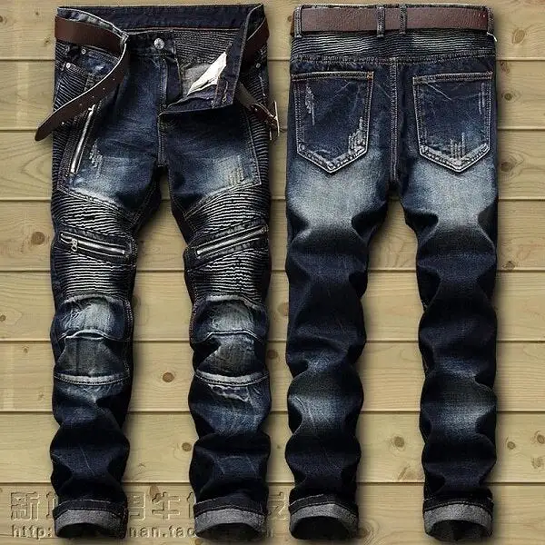 New Biker Jeans Men's Distressed Stretch Ripped  Hip Hop Slim Fit Holes Punk Denim Cotton Pants