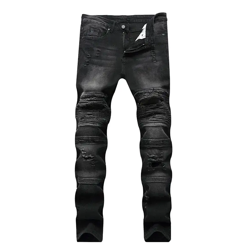 New Biker Jeans Men's Distressed Stretch Ripped  Hip Hop Slim Fit Holes Punk Denim Cotton Pants