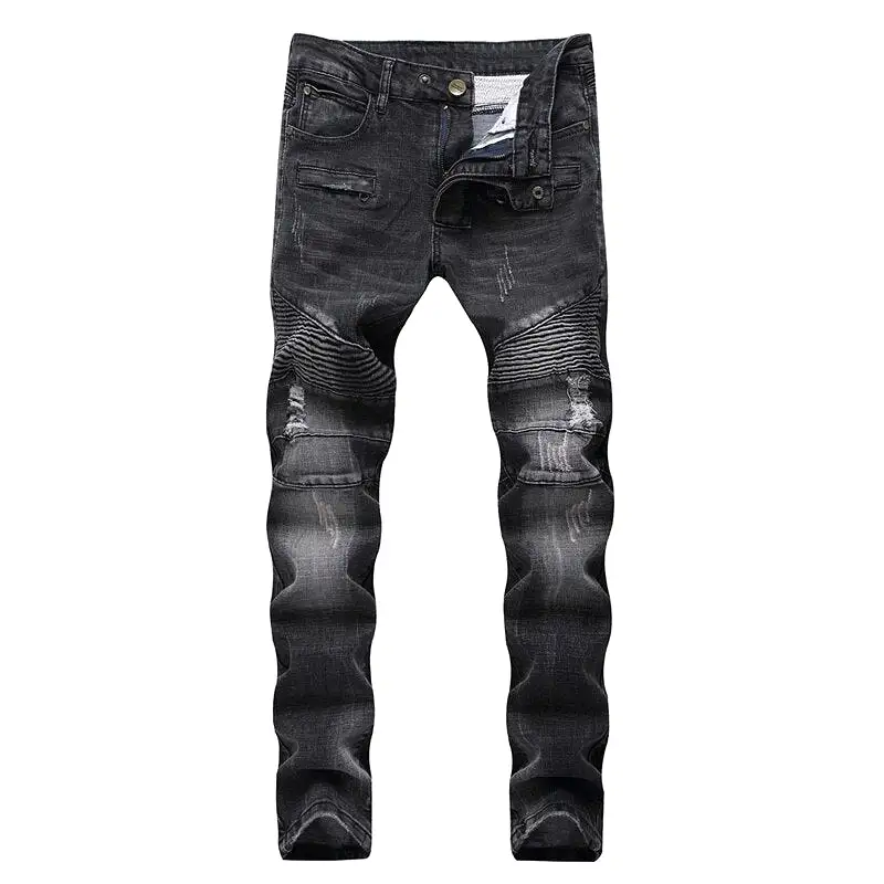 New Biker Jeans Men's Distressed Stretch Ripped  Hip Hop Slim Fit Holes Punk Denim Cotton Pants