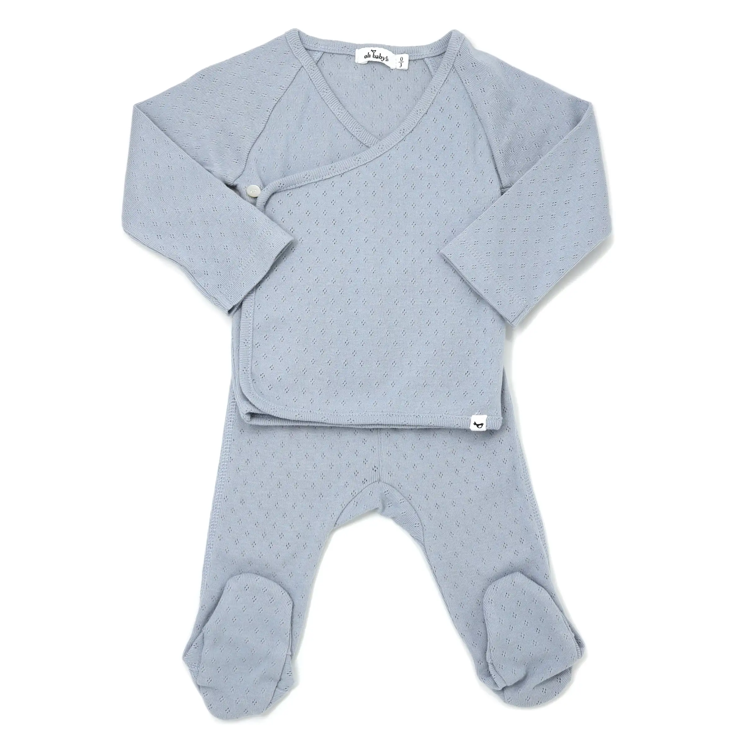 oh baby! Pointelle Kimono Footie Set - Dusty Blue