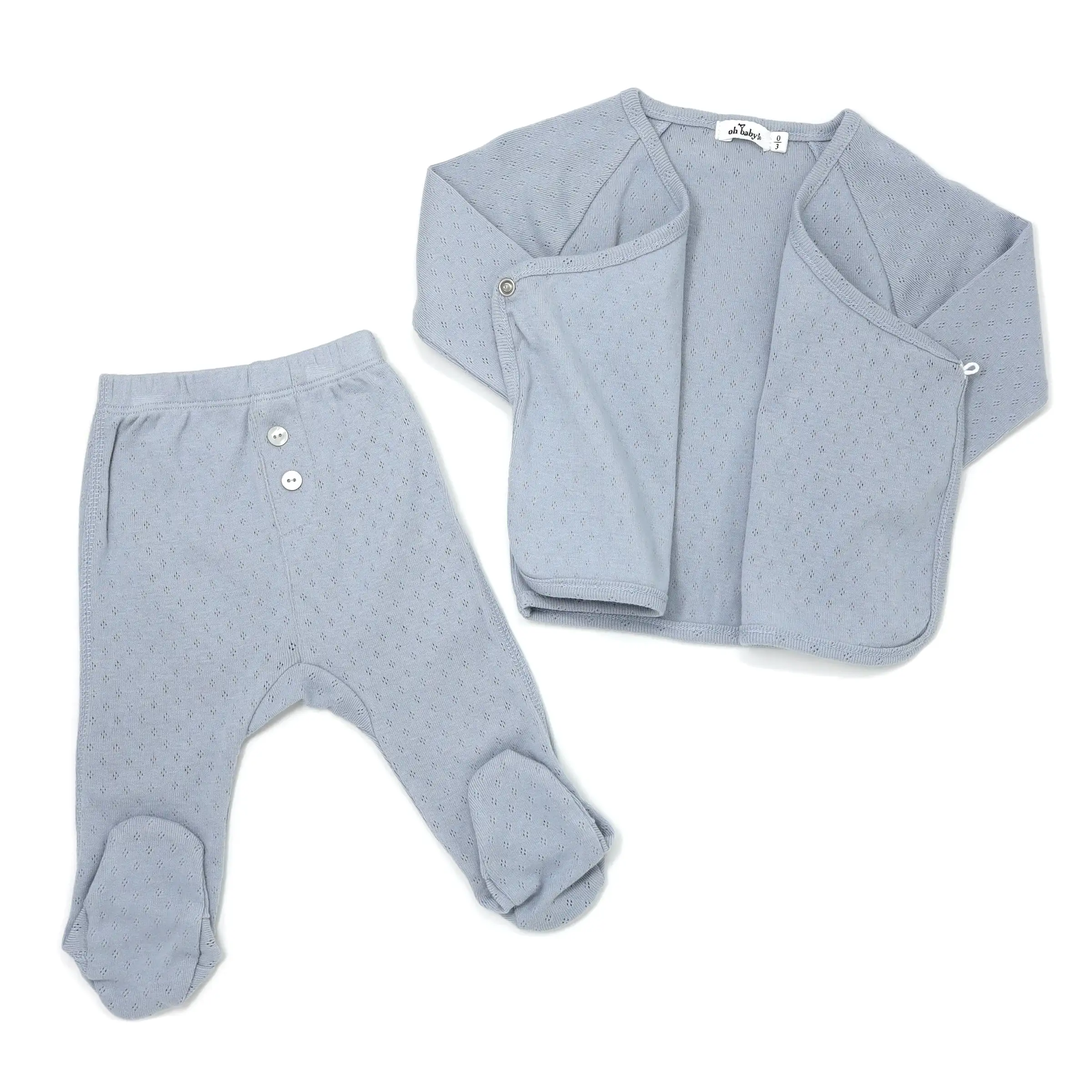 oh baby! Pointelle Kimono Footie Set - Dusty Blue