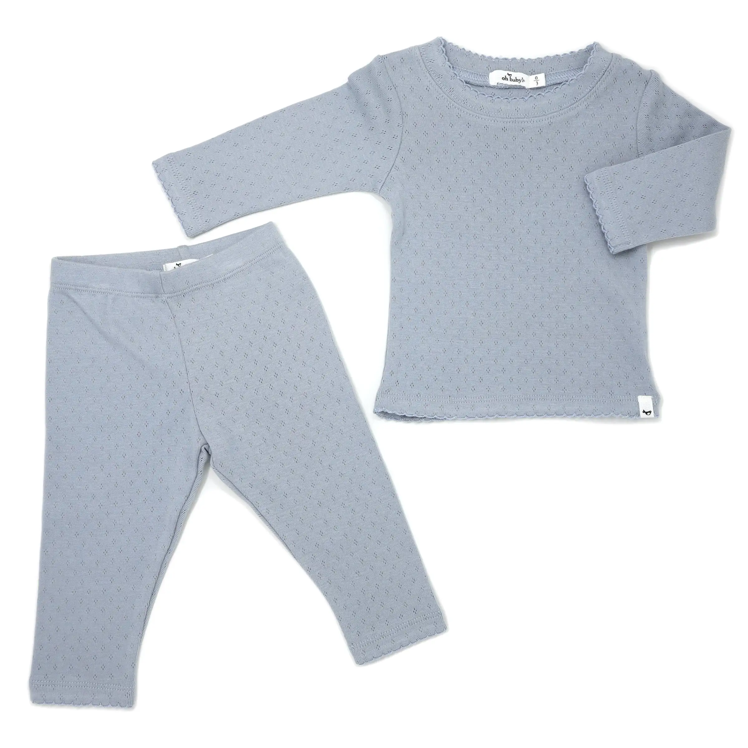 oh baby! Pointelle Lettuce Edge Two Piece Set - Dusty Blue