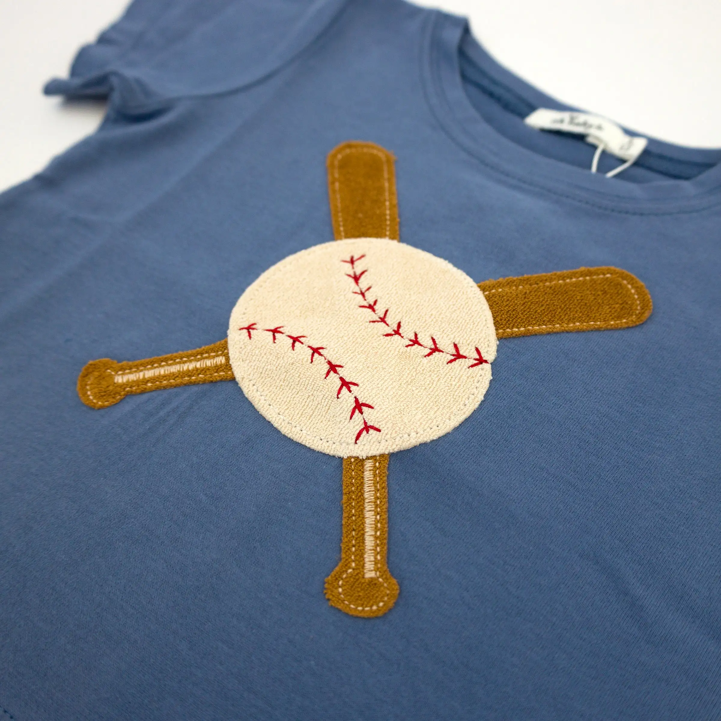 oh baby! Raw Edge Short Sleeve Cotton Slub Tee - Vintage Baseball Applique - Denim