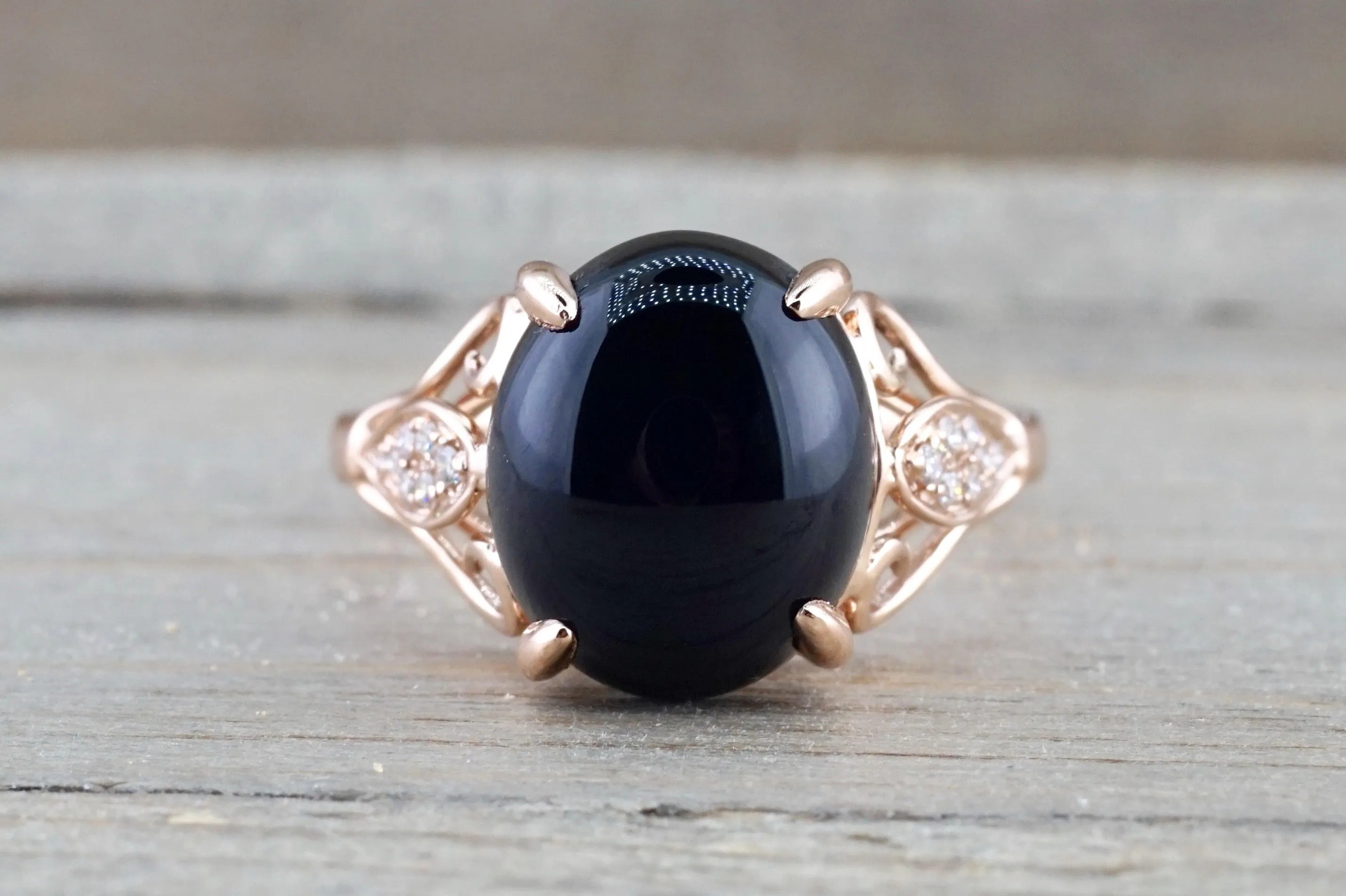 Oval Black Onyx set in 14k Rose Gold Diamond Engagement Anniversary Ring Band Art Deco Vintage