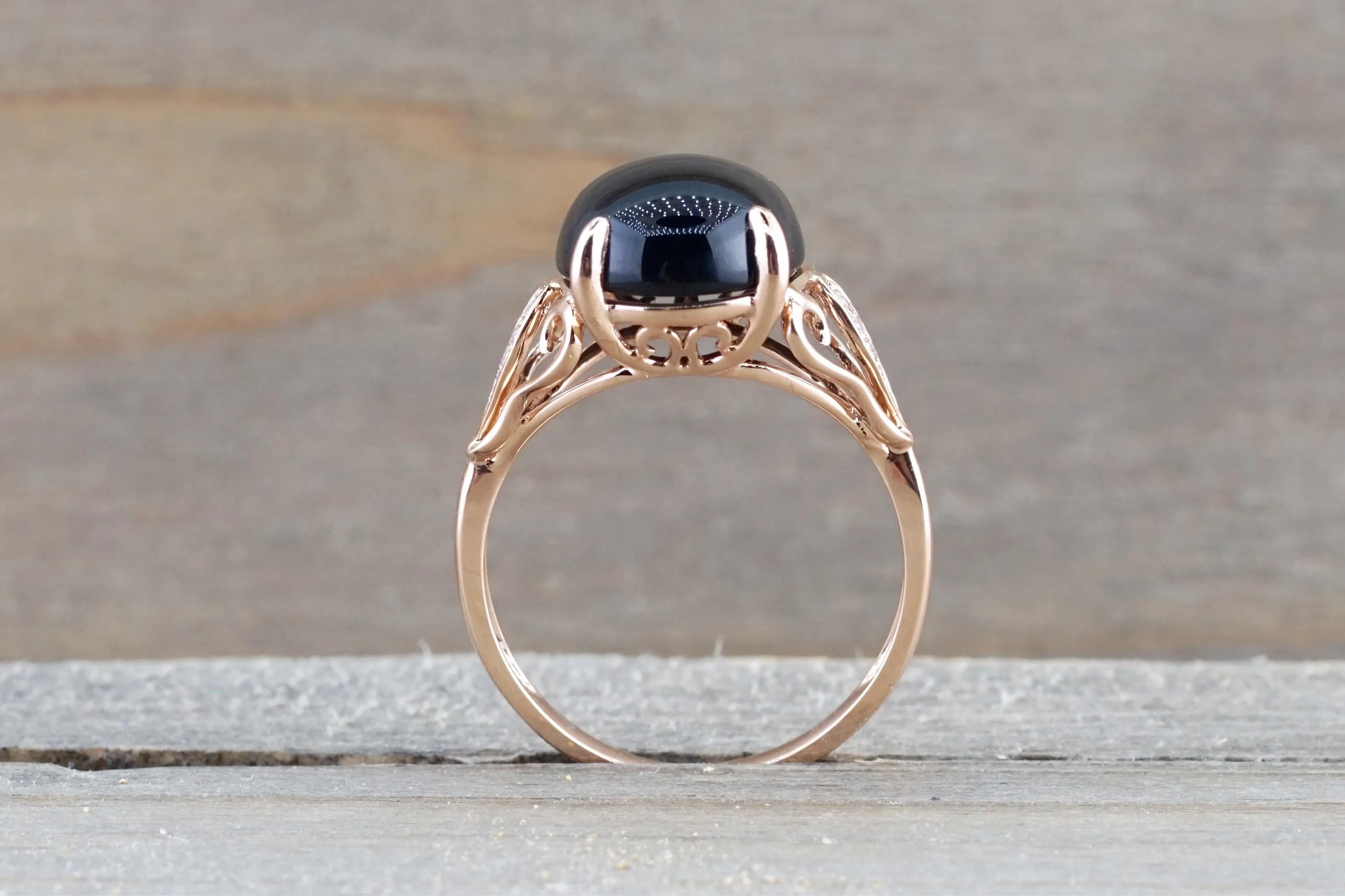 Oval Black Onyx set in 14k Rose Gold Diamond Engagement Anniversary Ring Band Art Deco Vintage