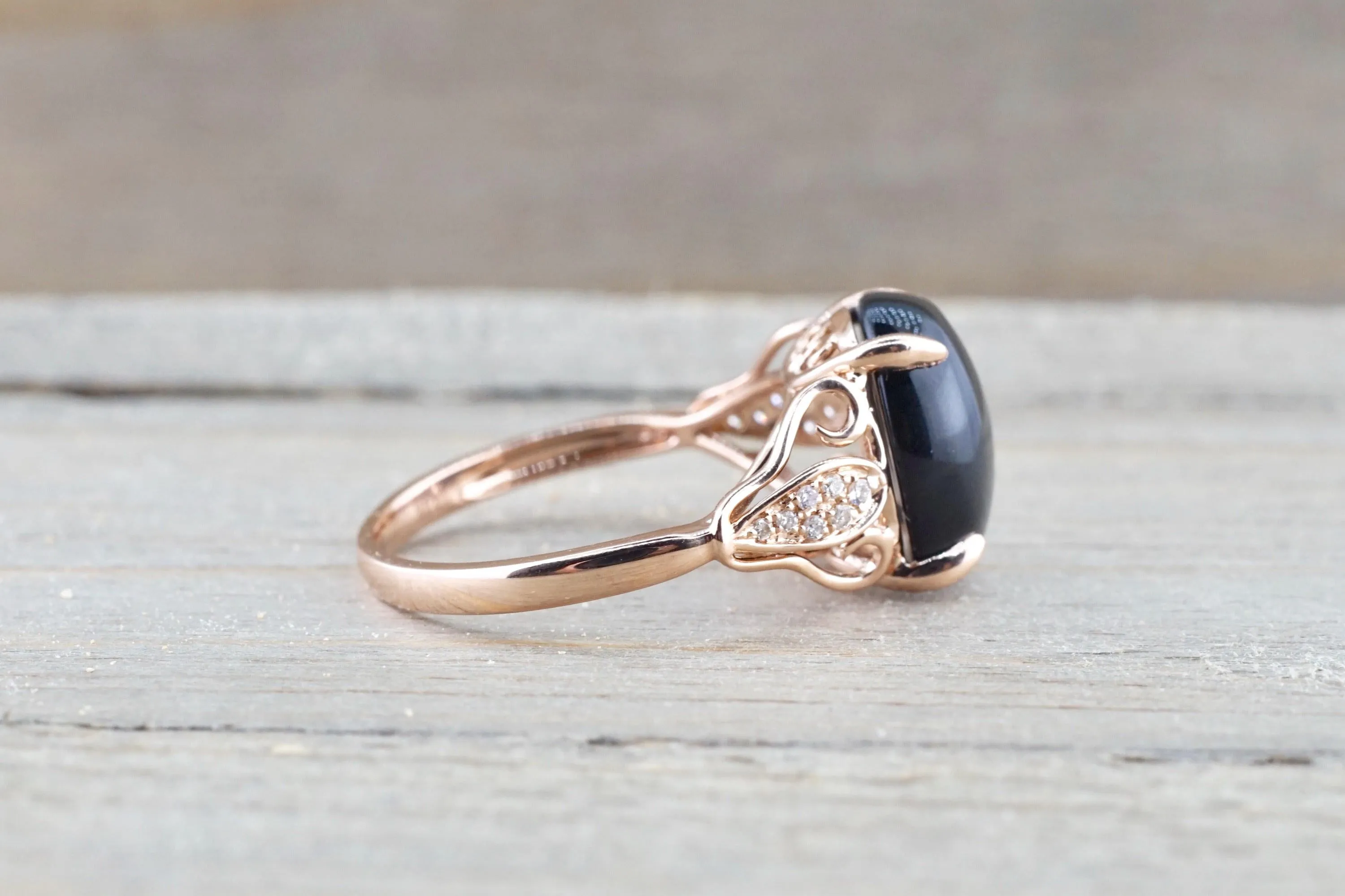 Oval Black Onyx set in 14k Rose Gold Diamond Engagement Anniversary Ring Band Art Deco Vintage