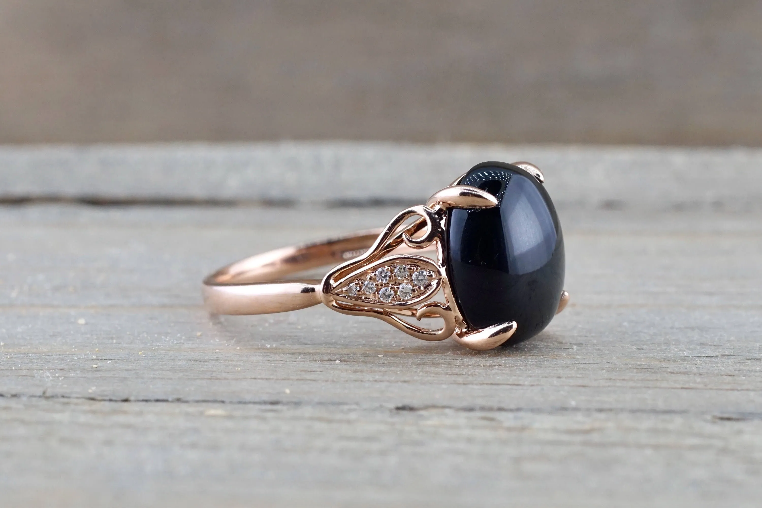 Oval Black Onyx set in 14k Rose Gold Diamond Engagement Anniversary Ring Band Art Deco Vintage