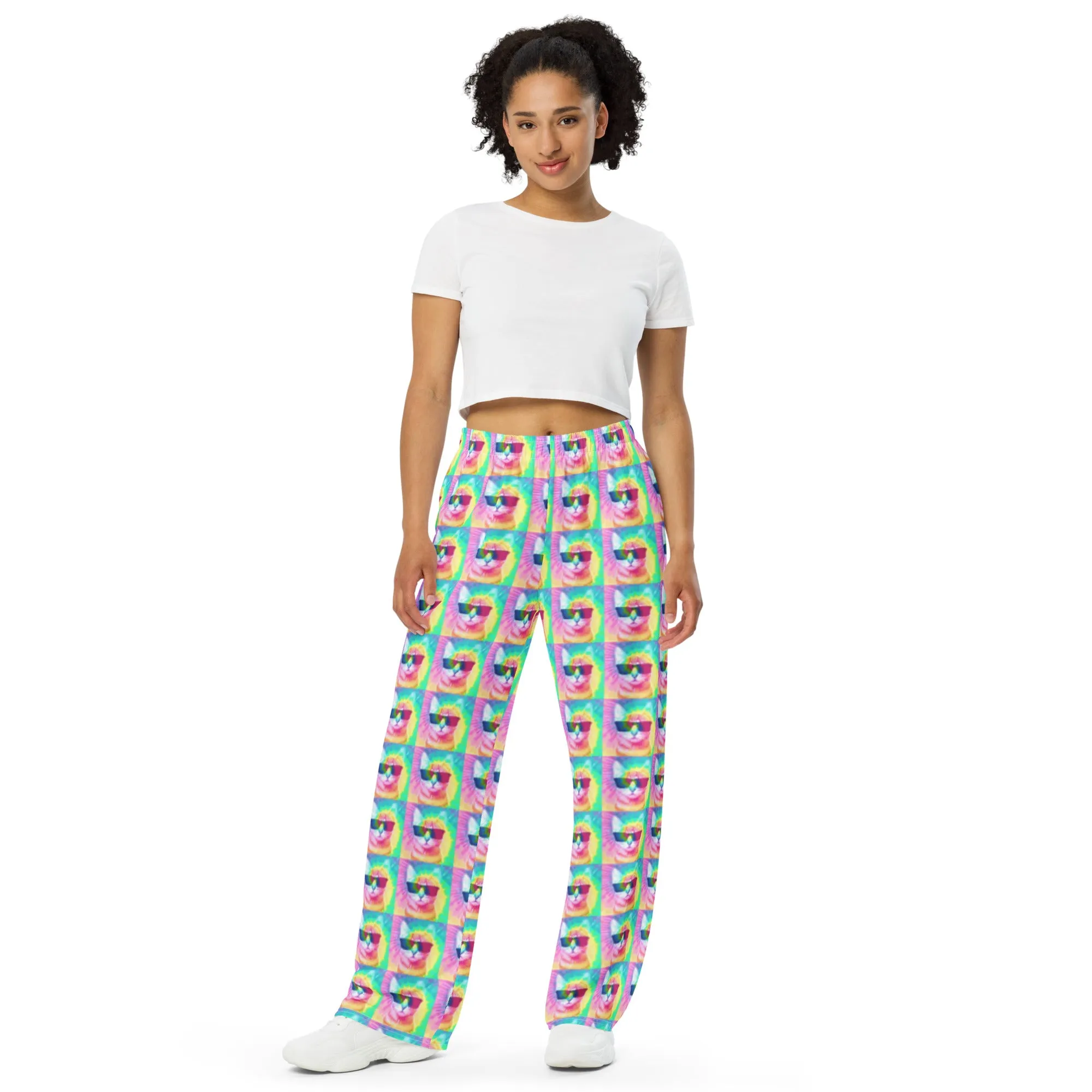 Pastel Tie-Dye Cat All Over Print Unisex Wide-Leg Pajama Pants with Pockets