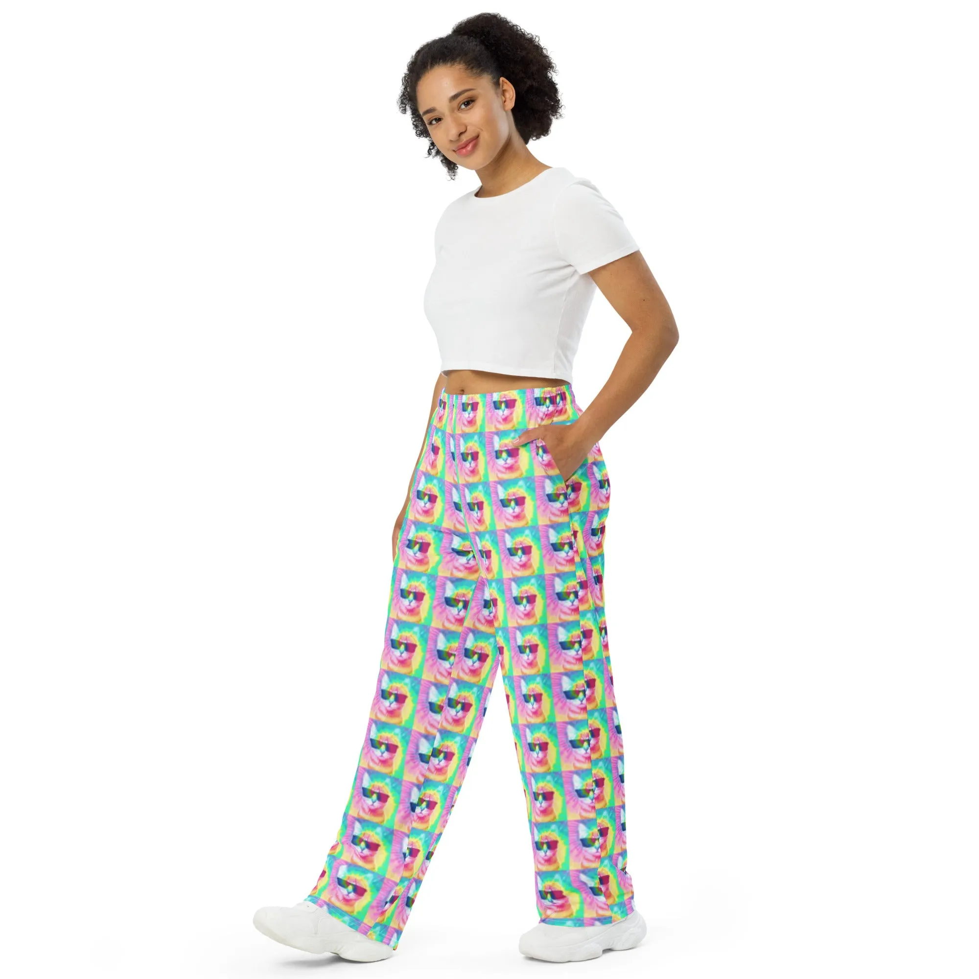 Pastel Tie-Dye Cat All Over Print Unisex Wide-Leg Pajama Pants with Pockets