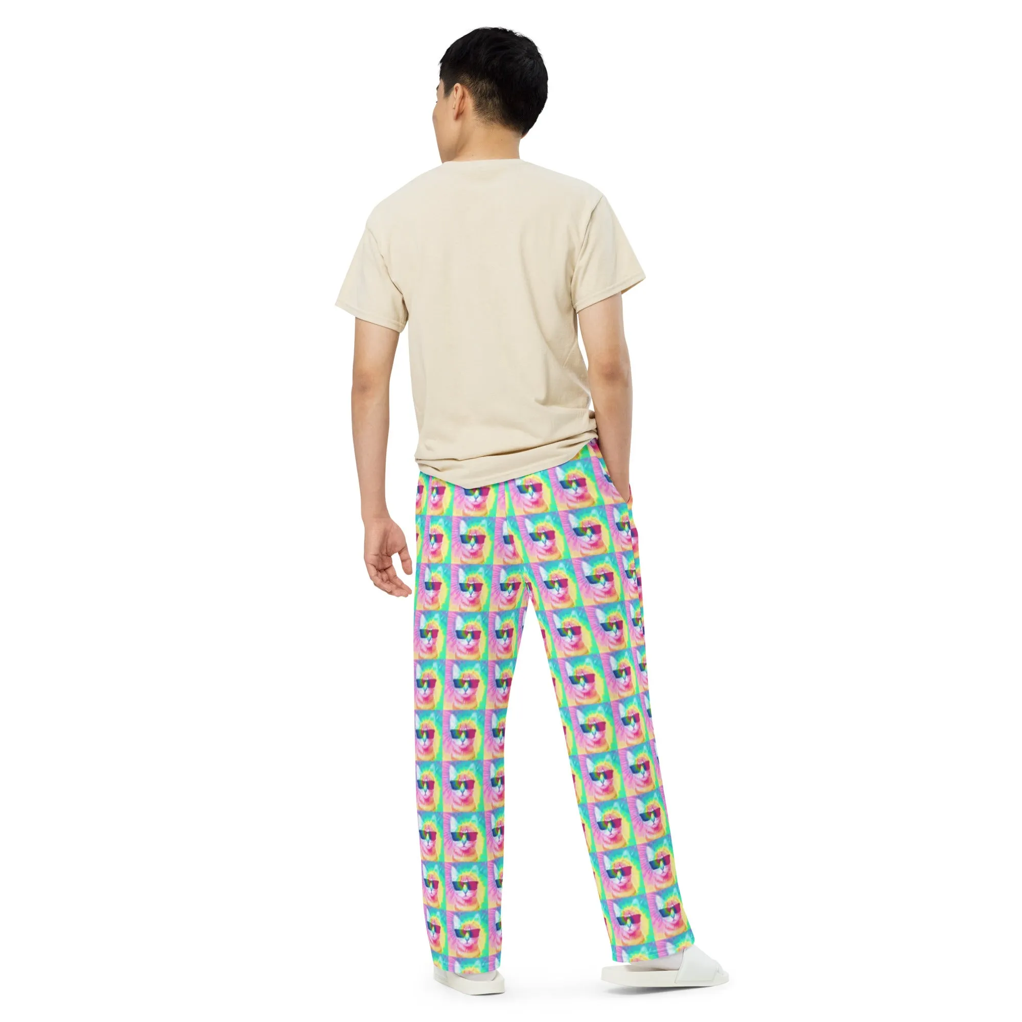 Pastel Tie-Dye Cat All Over Print Unisex Wide-Leg Pajama Pants with Pockets