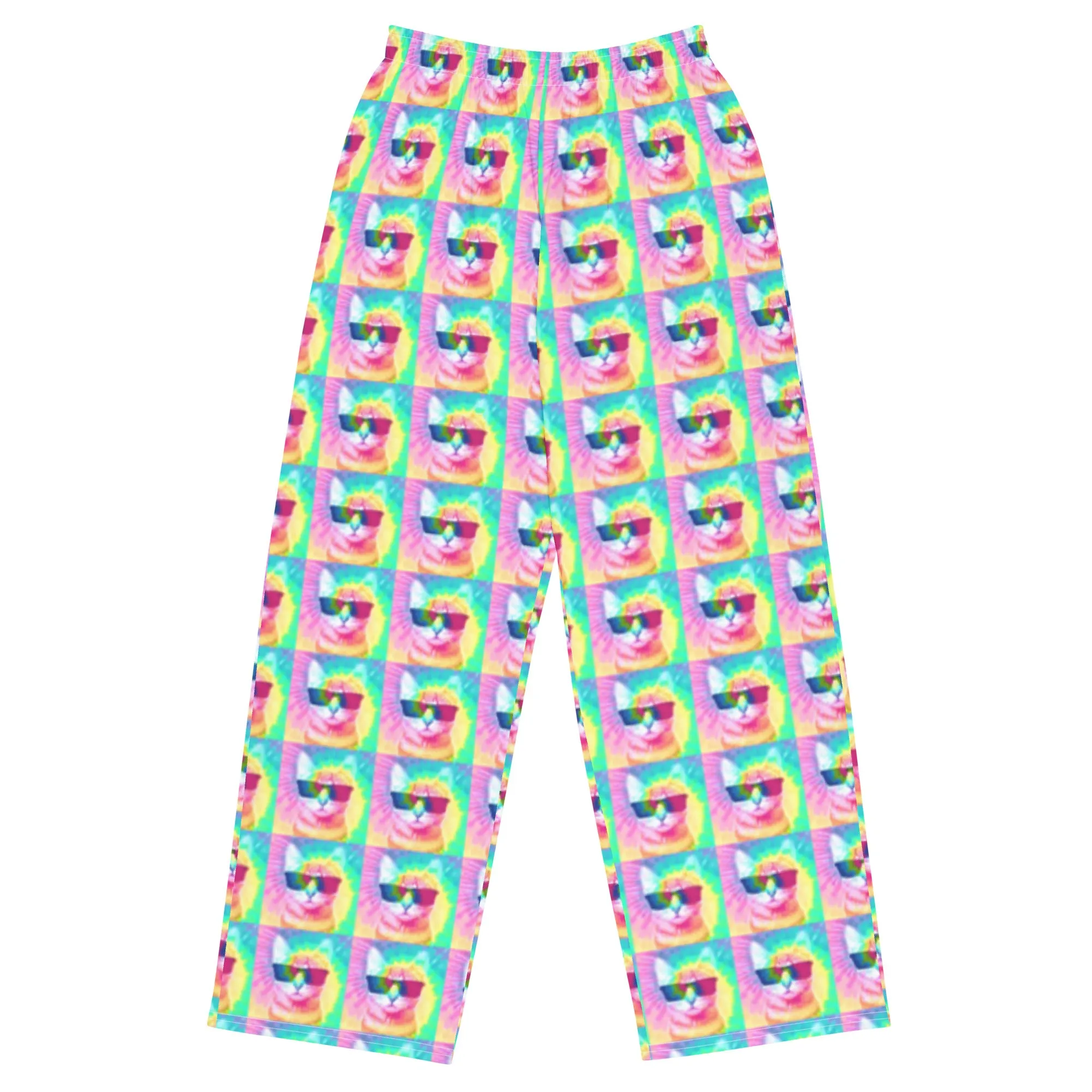 Pastel Tie-Dye Cat All Over Print Unisex Wide-Leg Pajama Pants with Pockets