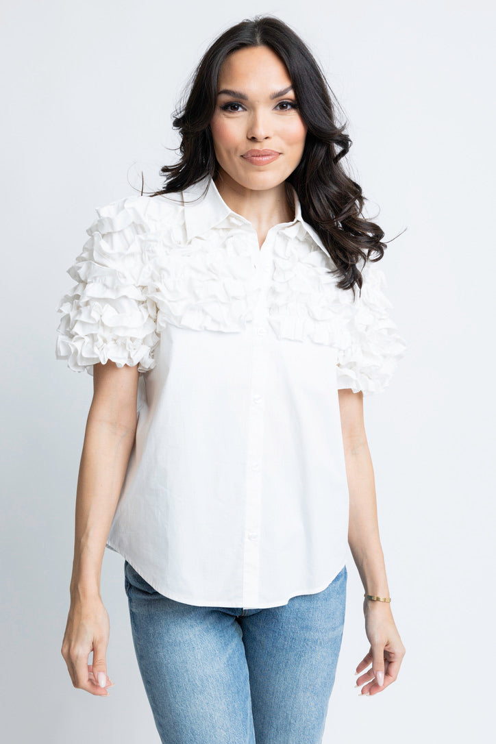 Poplin Ruffle Button Up Top