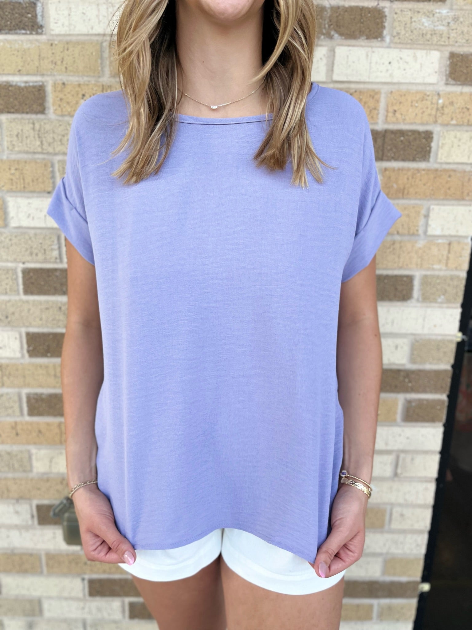 Round Neck Cuffed Sleeve Top - Lavender