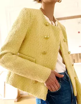 Round Neck Gold Buttoned Tweed Jacket