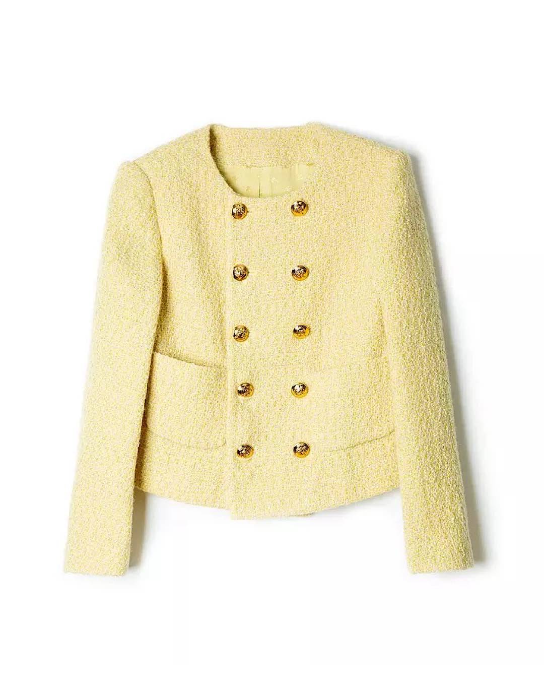 Round Neck Gold Buttoned Tweed Jacket