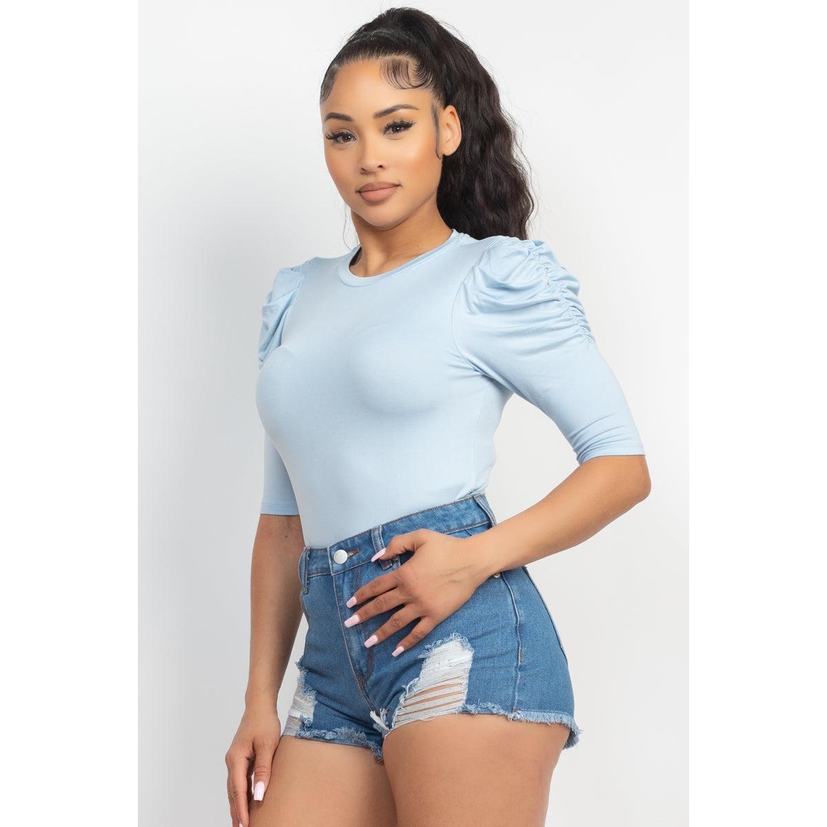 Round Neck Puff Ruched Sleeve Top