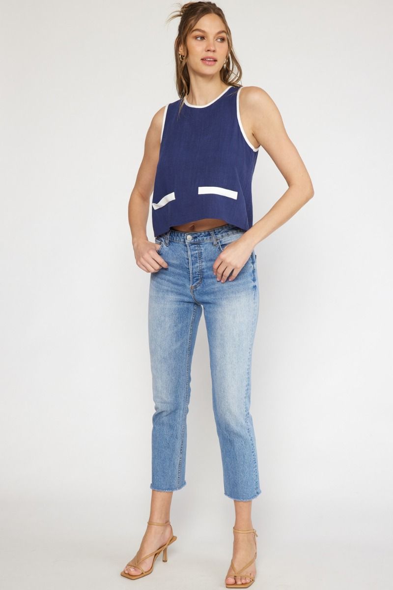 Round Neck Sleeveless Crop Top - Navy