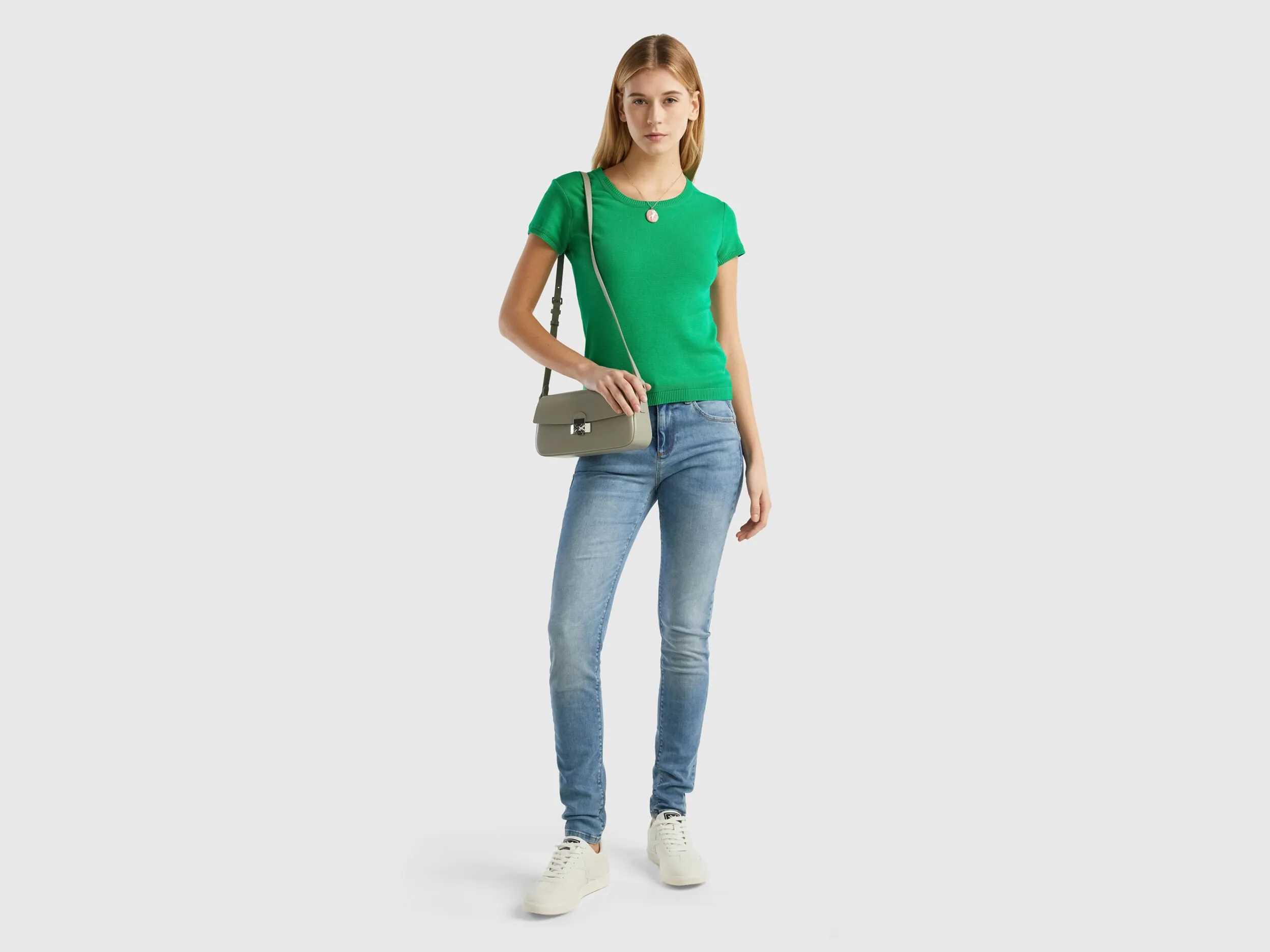 Short sleeve sweater in 100% cotton - Green | Benetton