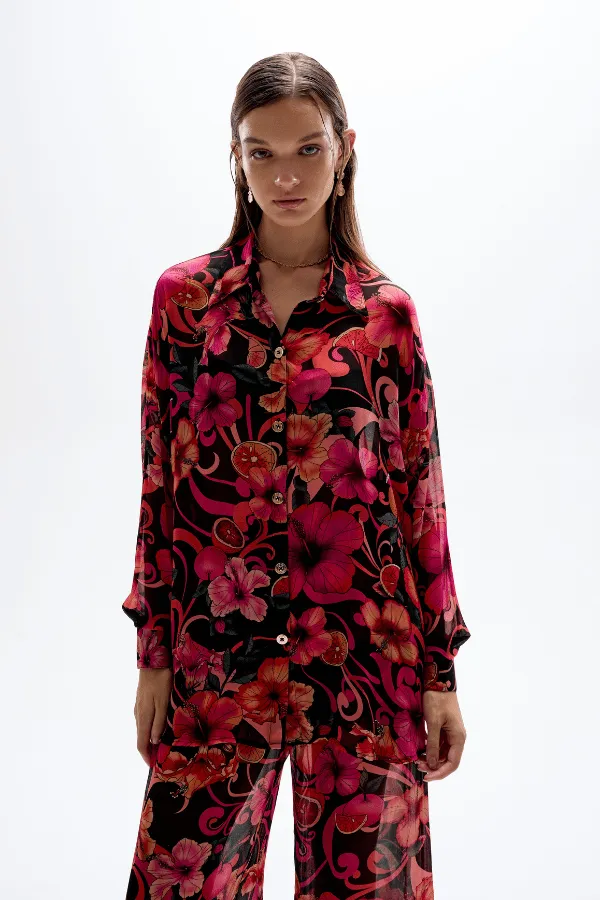 Solace Button Up Shirt Hibiscus Pink