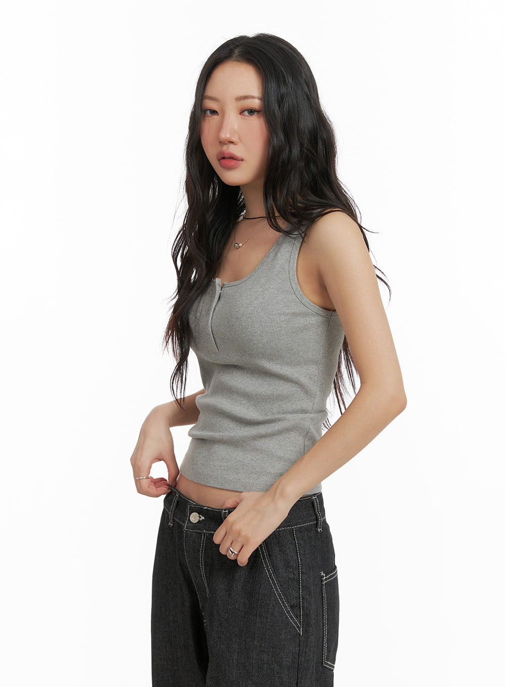 Solid Rib Button-Up Tank Crop Top CM425