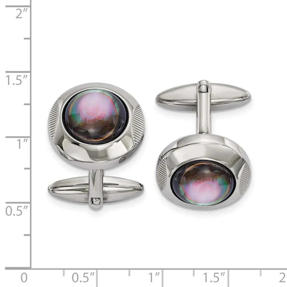 Stainless Steel, Black Mother of Pearl Round Cuff Links, 19mm (3/4 In)