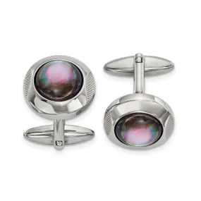 Stainless Steel, Black Mother of Pearl Round Cuff Links, 19mm (3/4 In)