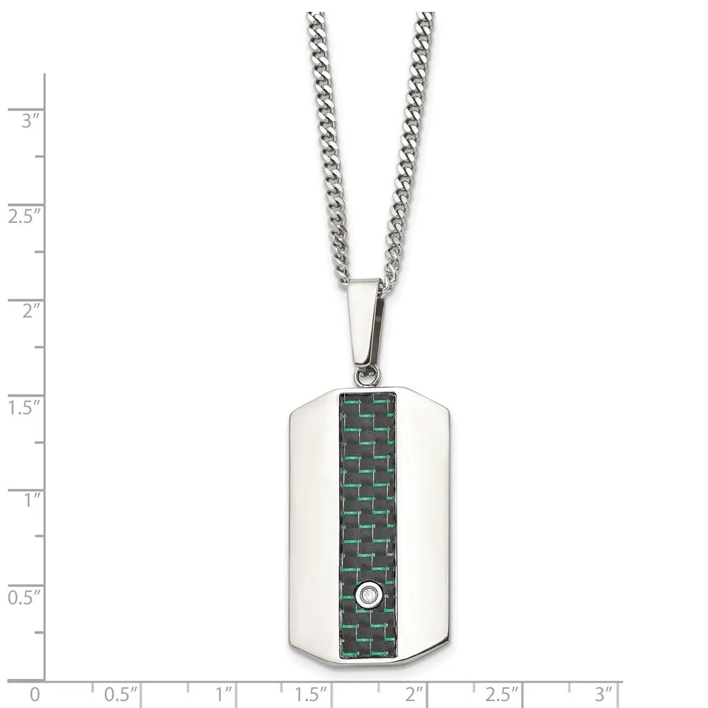 Stainless Steel, Black/Green Carbon Fiber & CZ Dog Tag Necklace, 24 In