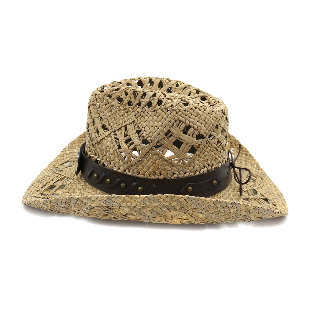 Summer Outdoor Sun Protection Cowboy Straw Hat for Men Women Wide Brim Beach Cap Natural Salt Grass Handmade Crochet Sunhat