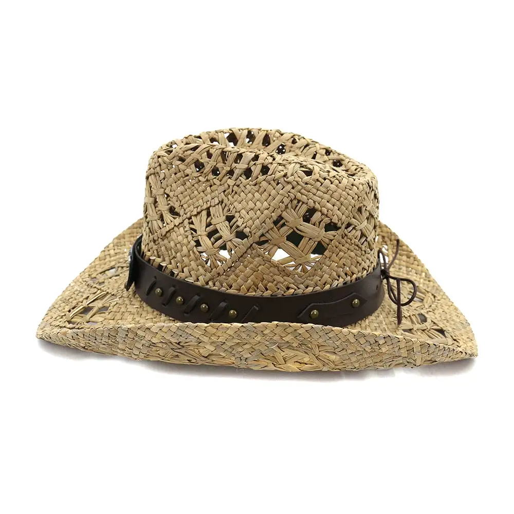 Summer Outdoor Sun Protection Cowboy Straw Hat for Men Women Wide Brim Beach Cap Natural Salt Grass Handmade Crochet Sunhat