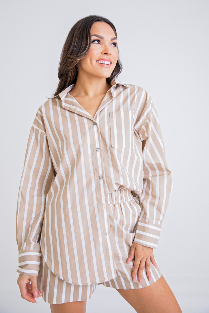 Tan Stripe Button Up Set