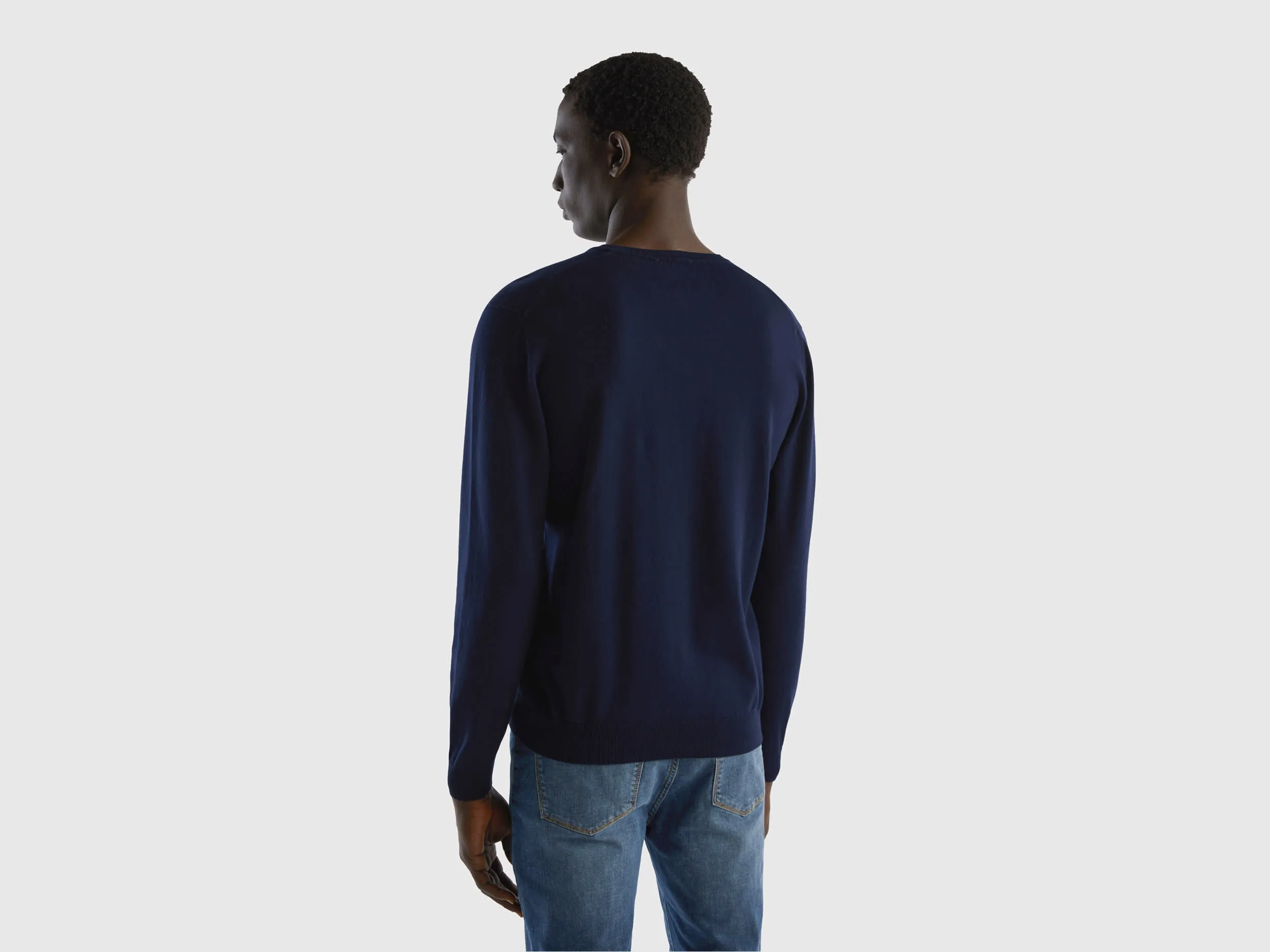 V-neck sweater in pure cotton - Dark Blue | Benetton