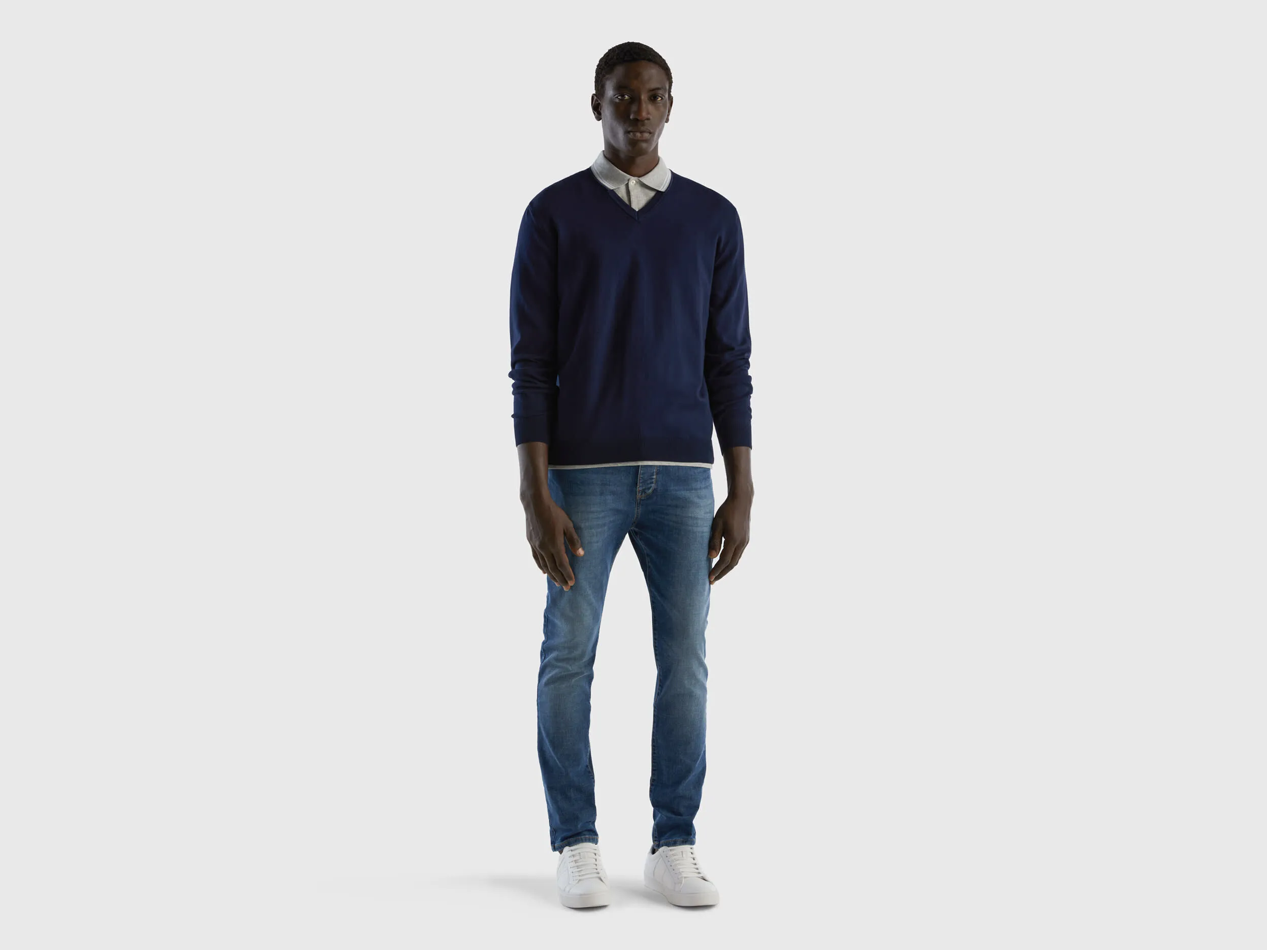 V-neck sweater in pure cotton - Dark Blue | Benetton