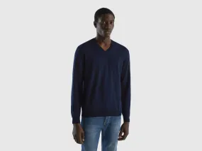 V-neck sweater in pure cotton - Dark Blue | Benetton