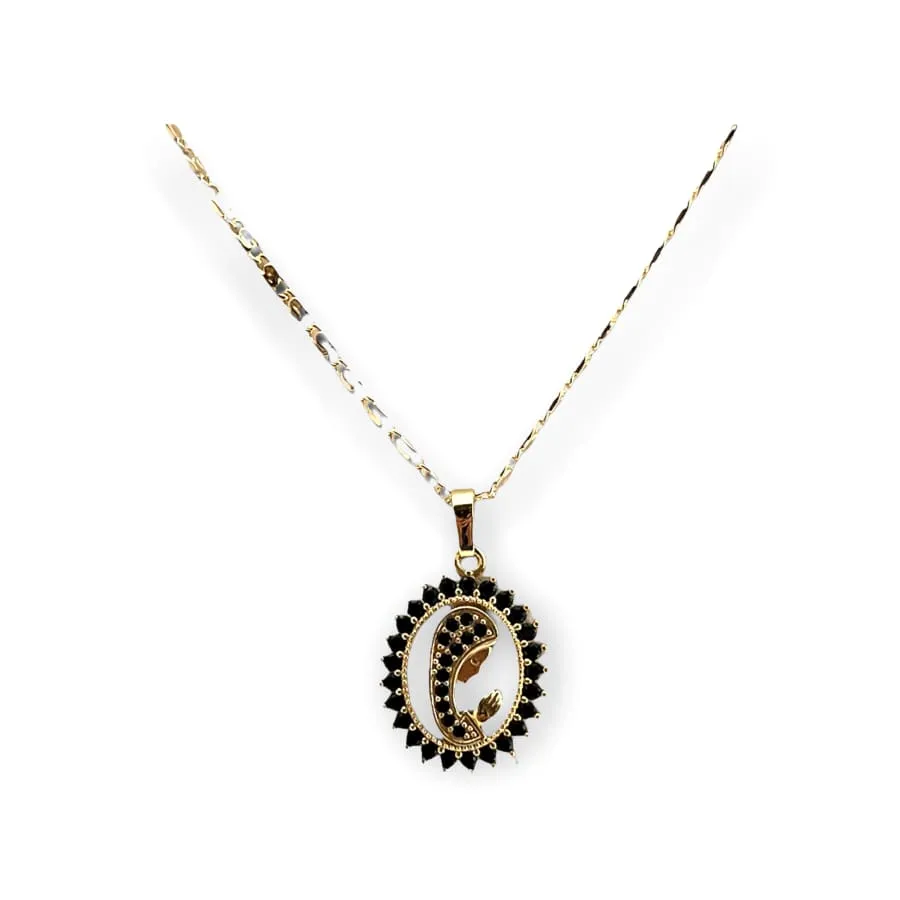 Virgin with black stones pendant necklace in 18k of gold plated