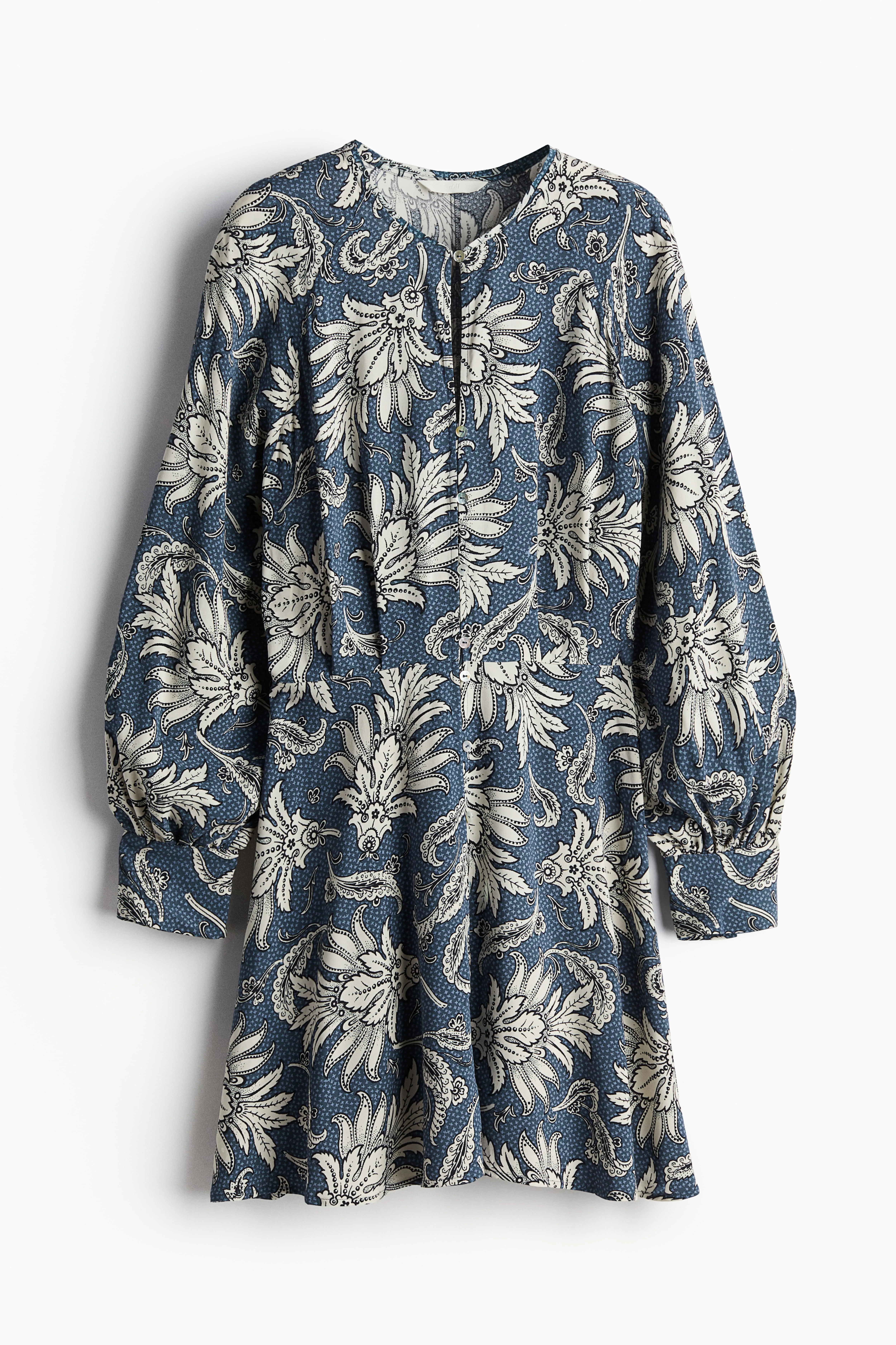 Viscose dress - Round neck - Long sleeve - Dusty blue/Paisley-patterned - Ladies | H&M GB