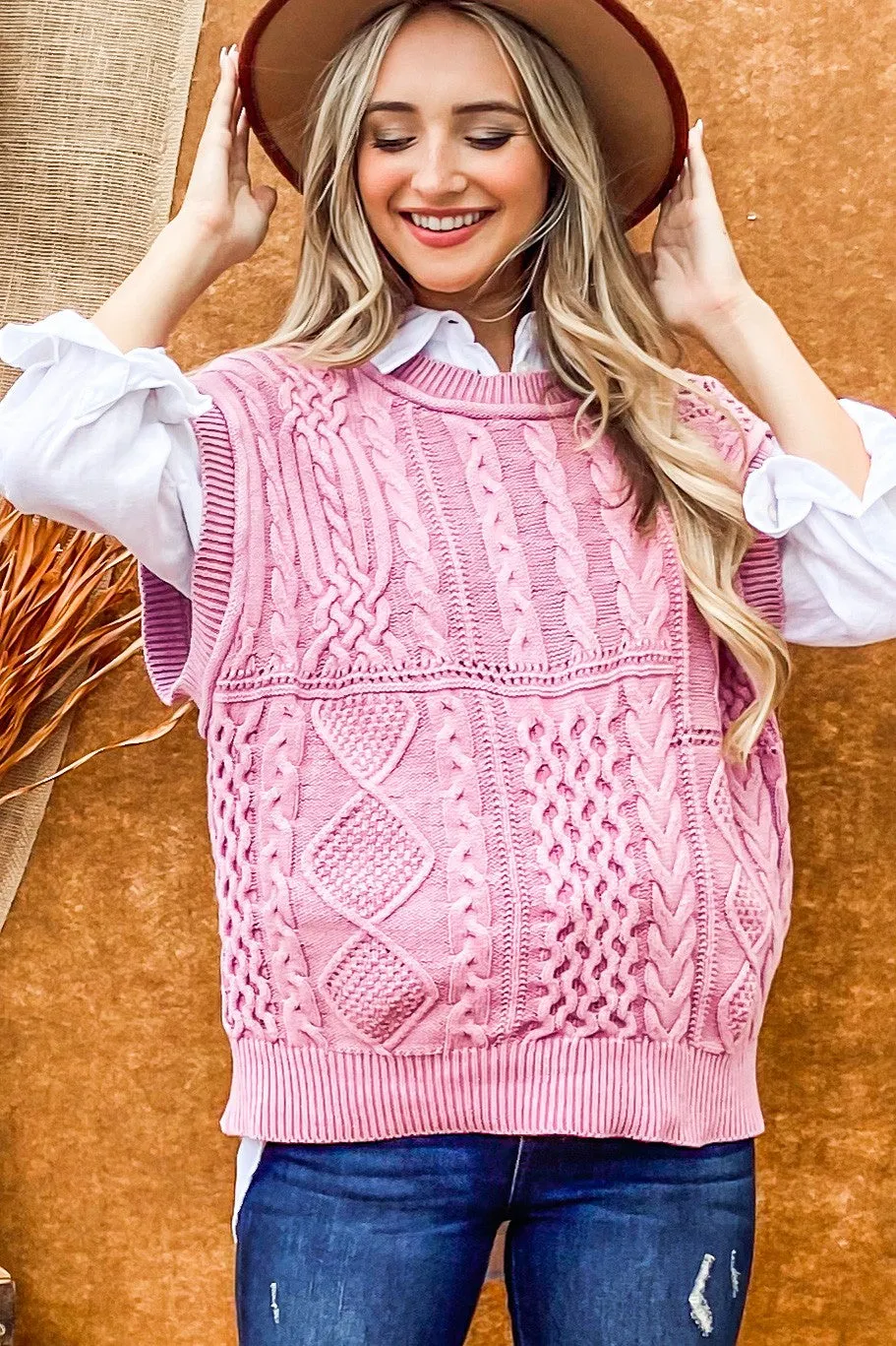 Washed Cable Knit Sweater Vest (Mauve)