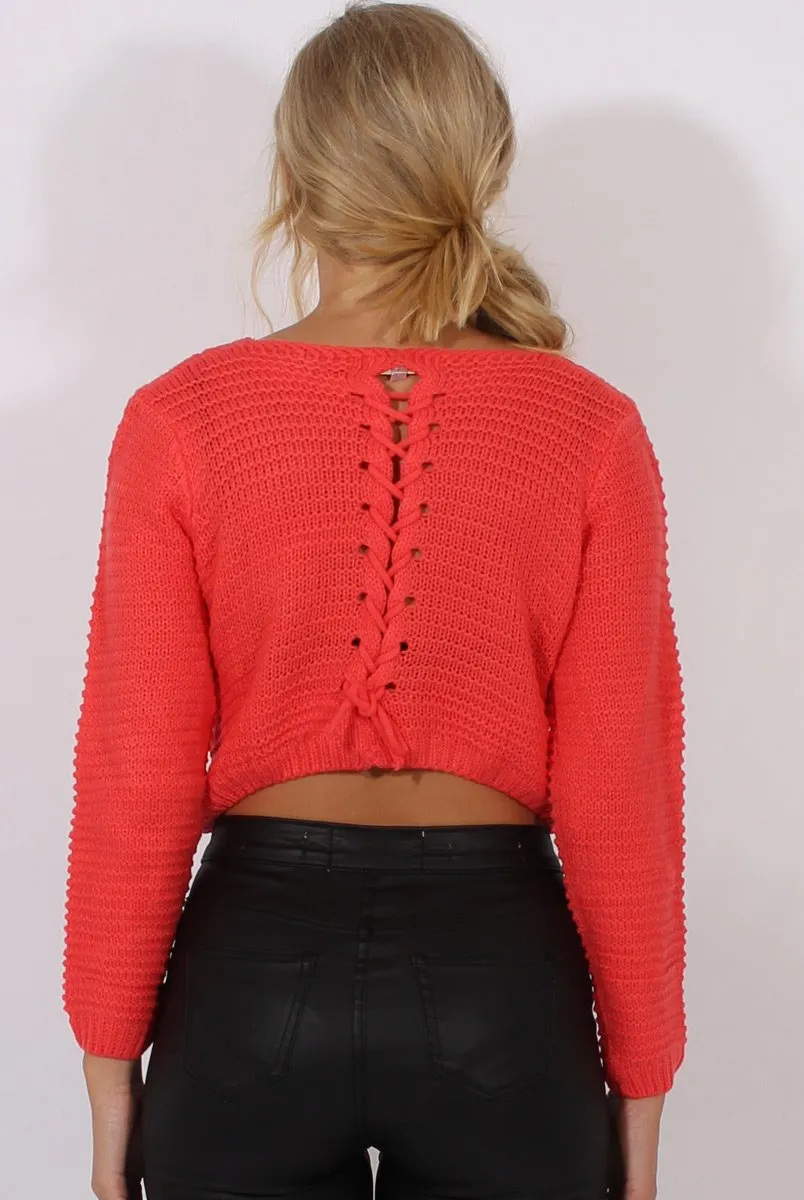 Watermelon Red Back Lace Up Cropped Knitted Sweater - Jenara