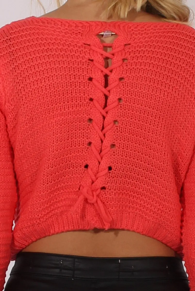 Watermelon Red Back Lace Up Cropped Knitted Sweater - Jenara