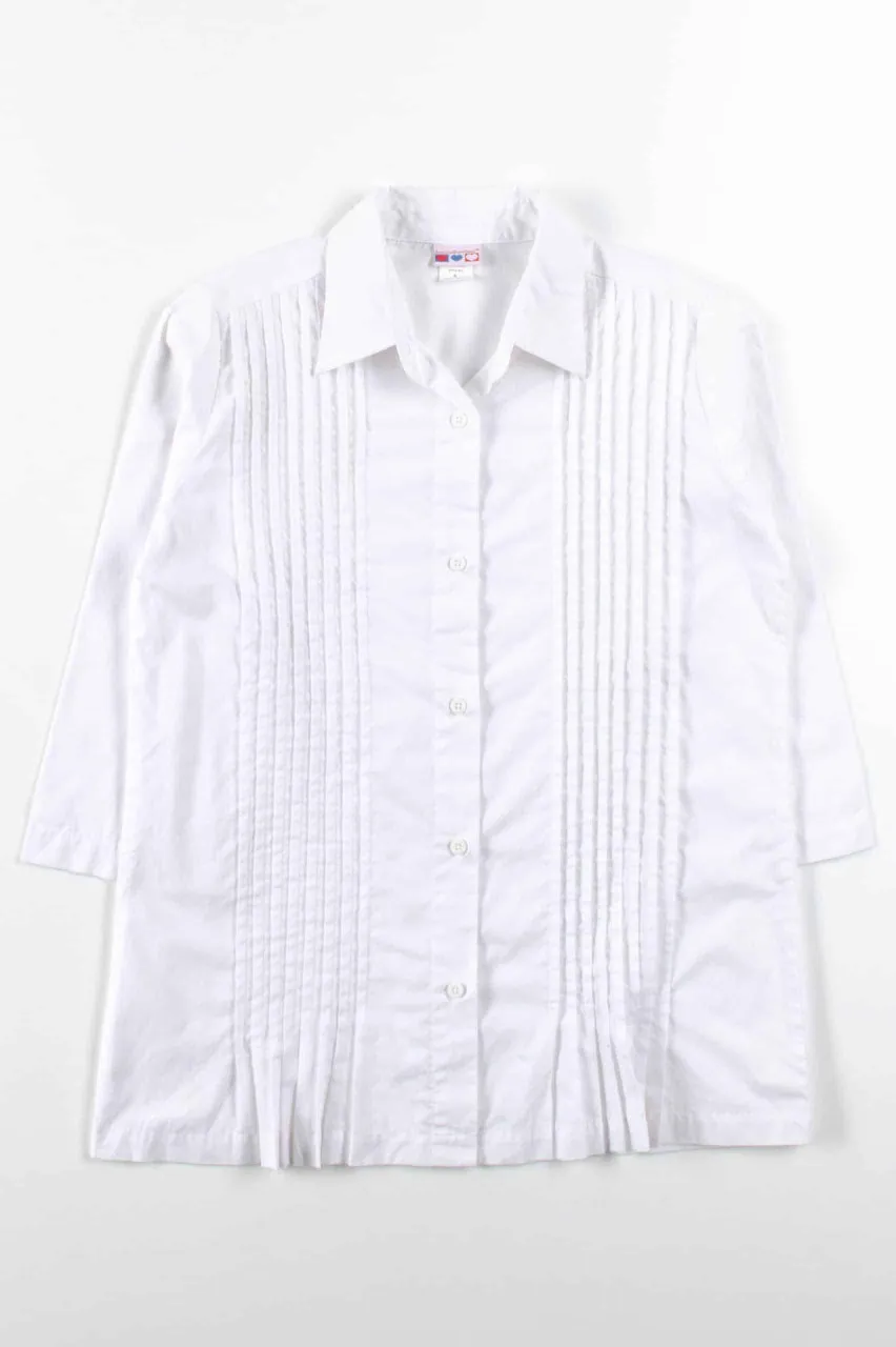 White Pleated 3/4 Sleeve Button Up Shirt