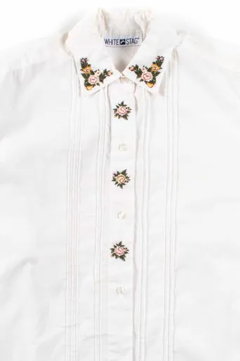 White Pleated Floral Button Up Blouse