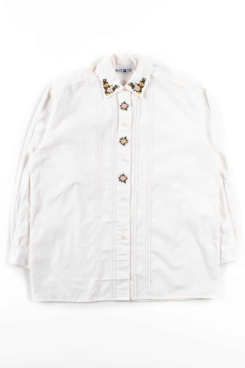 White Pleated Floral Button Up Blouse